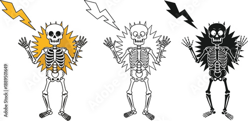 A cartoon skeleton character with electric shock reactions in different colors