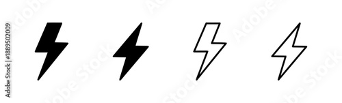 Lightning bolt icons set, electric energy symbol, power and speed graphic, thunder symbol, black and white vector art, isolated on white, modern design, clean lines, energy theme, graphic resources