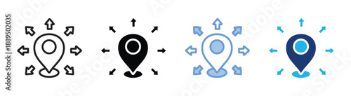 Location pointer with multiple outgoing arrows indicating expansion, diversification, or outreach strategies for business growth, market reach, and global presence represented digitally