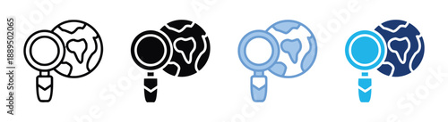 Magnifying glass over globe, representing global search, world research, internet exploration, international business, data analysis, information gathering, and discovering opportunities worldwide