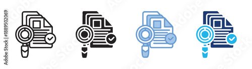 Magnifying glass over stacked documents with check mark, signifying document review, verification, audit, research, analysis, and approval process concept