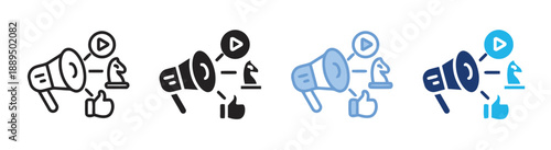 Megaphone promoting digital marketing, social media, engagement, and strategy with chess piece and thumbs up icon, representing outreach and campaign success.