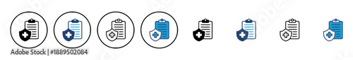 Medical insurance document icon set with shield and cross, black and blue colors, in circles and standalone versions, representing healthcare protection safety security, business and finance symbol