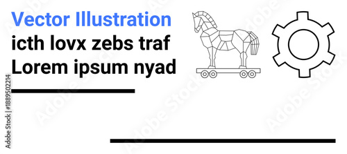 Geometric Trojan horse drawing alongside a cogwheel. Placeholder text in various styles. Ideal for technology, cybersecurity, engineering, design, education, marketing, simple landing page