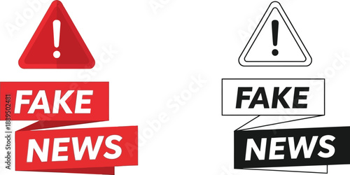 A graphic illustration of fake news warning signs and labels in red and black