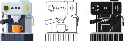 Three coffee machines in different colors on a white background