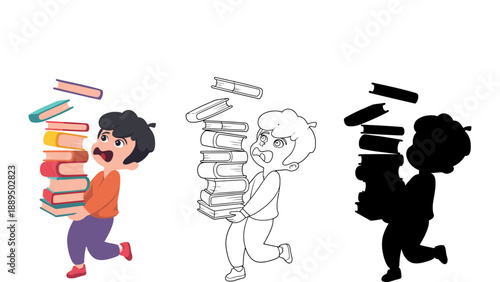 A cartoon boy carrying a stack of books in different illustration styles