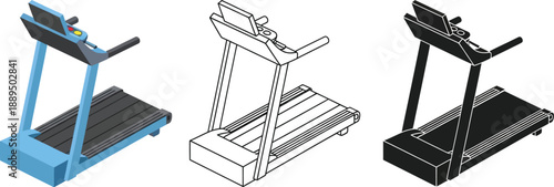 Three different colored treadmills on a white background for fitness and exercise