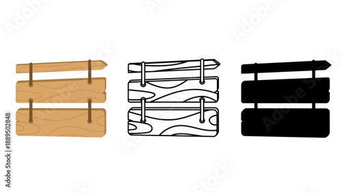 Three wooden signboards in different styles on a white background