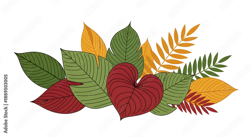 Obraz premium An ornamental cluster of tropical leaves in vibrant autumnal hues, ideal for design accents