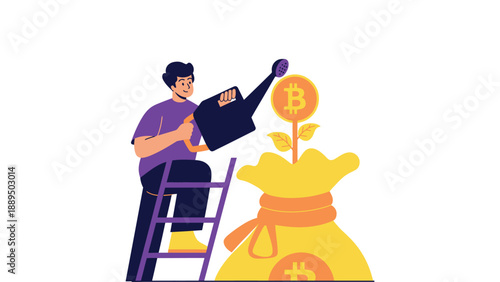 A man watering a growing Bitcoin plant from a money bag on a ladder