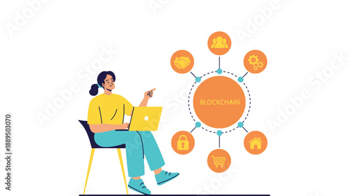 A woman using a laptop to learn about blockchain technology and its applications