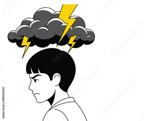 Frustrated young man profile with dark storm clouds and yellow lightning bolts hovering over his head symbolizing anger stress depression and mental health struggles vector illustration.
