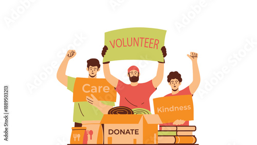 Three volunteers holding signs promoting care, kindness, and donation for charity