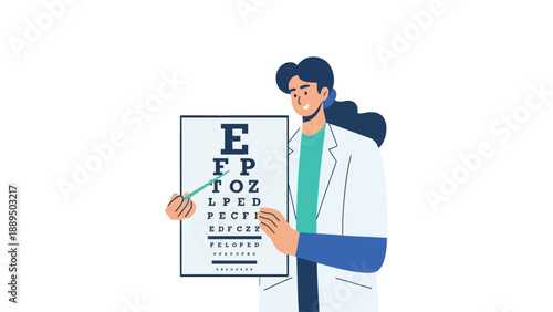 A female optometrist holding an eye chart and smiling in a medical setting.
