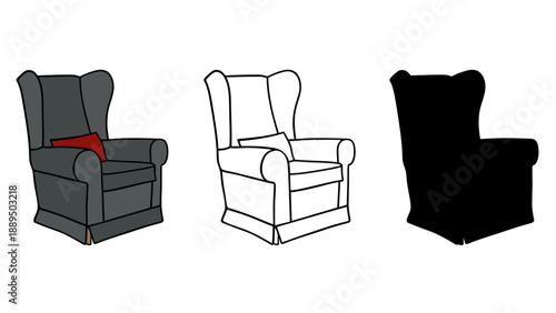 A collection of three different colored armchairs on a white background