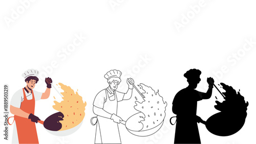 A chef cooking with flames in different styles and colors illustration
