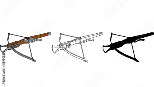 Three different colored crossbows on a white background for illustration purposes