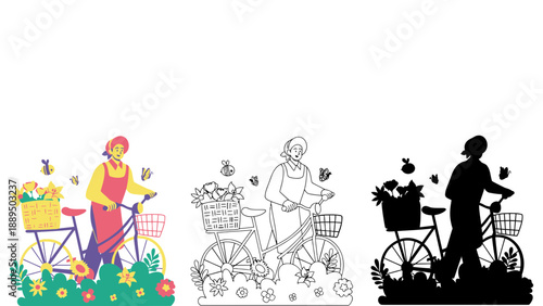 A colorful illustration of a woman riding a bicycle with flowers and butterflies