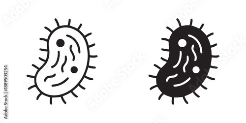 Outline and filled versions of a bacterium or germ, symbolizing microbiology, disease, health, scientific research, or cellular life forms.