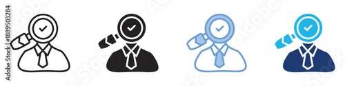 Person icon with magnifying glass and checkmark, representing job search, recruitment, or verification processes, available in outline, solid black, and blue styles for HR or career-related visuals.