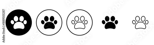 Paw print icons set, animal foot symbol, pet care and veterinary service emblem, cute paw graphic, black and white vector art, isolated on white, modern design, clean lines, graphic resources
