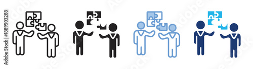 People solving jigsaw puzzle together, representing teamwork, problem solving, strategy, and collaboration, business concept icons in different styles, businesspeople with puzzle pieces