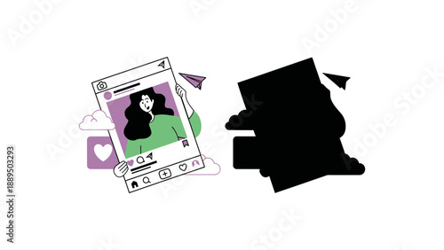 A cartoon woman taking selfies with likes and hearts on social media