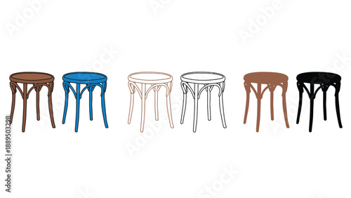 A set of colorful stools in different colors and line art styles