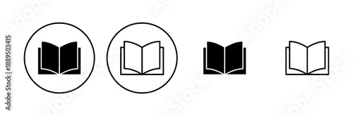 Open book icons collection vector set in different styles and variations representing knowledge and learning with circles and solid shapes for design projects