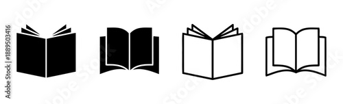 Open book icons set in solid black fill and outline styles, representing literature, education, knowledge, and information for reading and study purposes