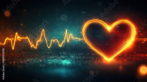 Glowing orange electrocardiogram line forming a fiery heart shape against a dark blurred background, symbolizing life, vitality, and health monitoring