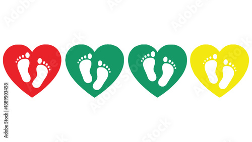 Colorful heart shaped baby footprints on a white background