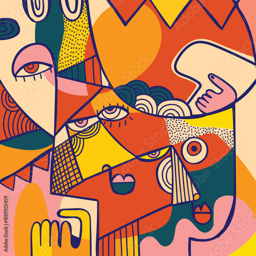 Abstract face portrait cubism art style, decorative, doodle, line art hand drawn vector illustration. Artistic wall art, prints, poster and wall decoration.