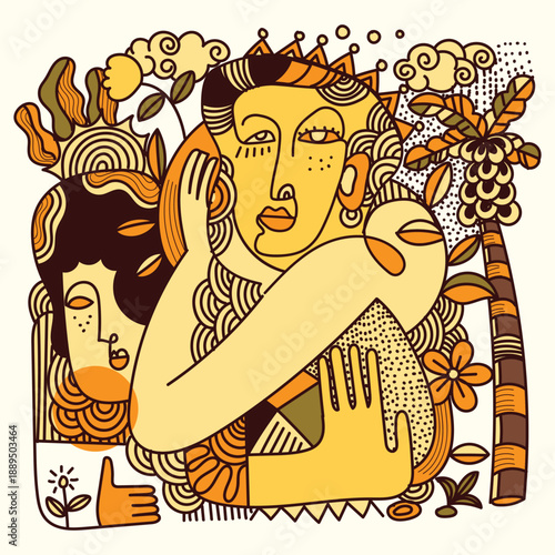 Abstract face portrait cubism art style, decorative, doodle, line art hand drawn vector illustration. Artistic wall art, prints, poster and wall decoration.