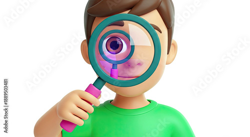 Cartoon Boy Looking Through Magnifying Glass