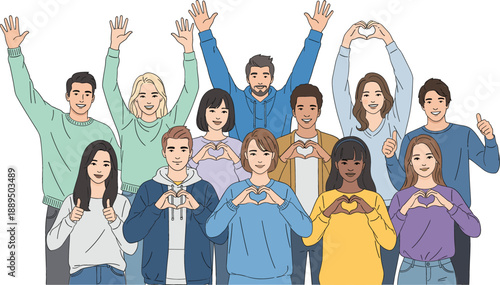 Large group of diverse happy young men and women waving hands making heart gestures with fingers and showing thumbs up isolated on white background vector illustration.