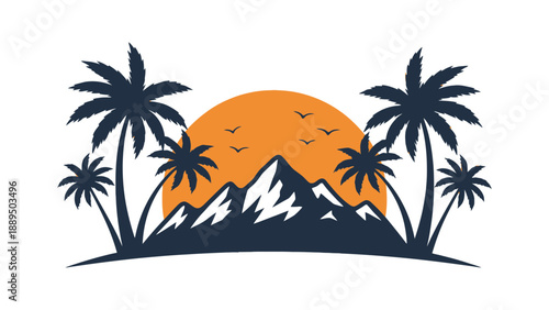 A serene tropical landscape with palm trees and a mountain range at sunset
