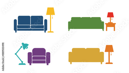 A colorful illustration of various couches and lamps for home decor inspiration