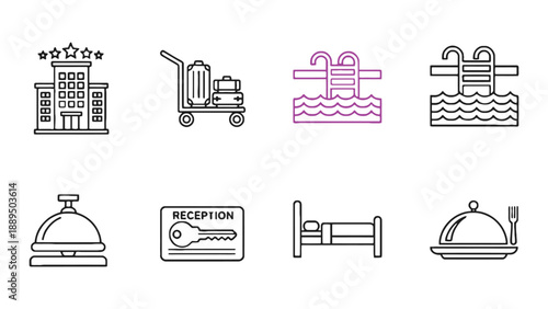 A set of icons representing various hotel amenities and services