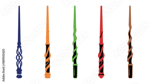 A collection of colorful wands with unique designs on a white background