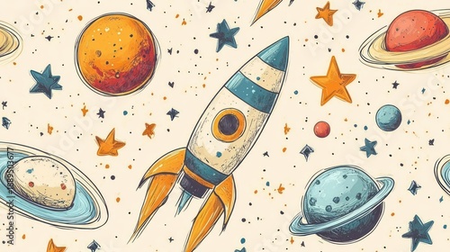 Wallpaper Mural whimsical vintage rocket soaring through a playful cosmic scene of colorful planets with rings, scattered stars, tiny asteroids and dreamy speckled background evoking adventurous wonder Torontodigital.ca