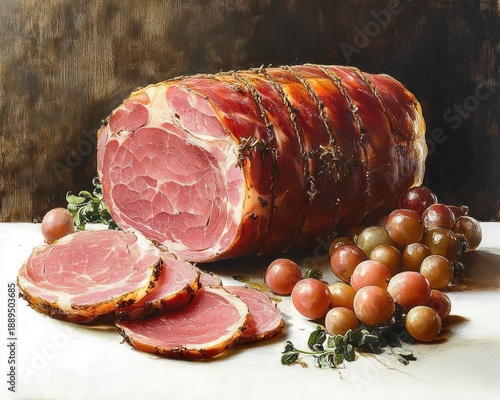 Sliced tied rolled roast with herbs and a cluster of grapes on a white cloth, rustic still life evoking abundance and appetite