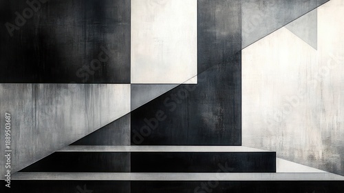 Minimalist monochrome composition of textured geometric blocks, diagonal plane and stepped platforms suggesting a stark, contemplative staircase