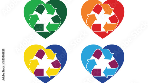 Colorful heart shaped recycling symbols on a white background