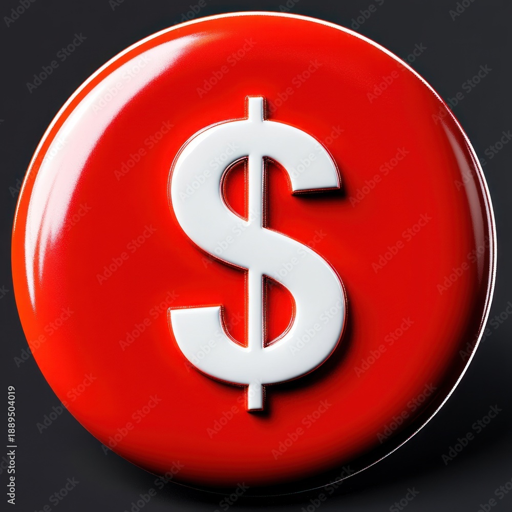 Obraz premium glossy red circular button with a bold white dollar sign icon on a dark background conveying urgency and desire for money