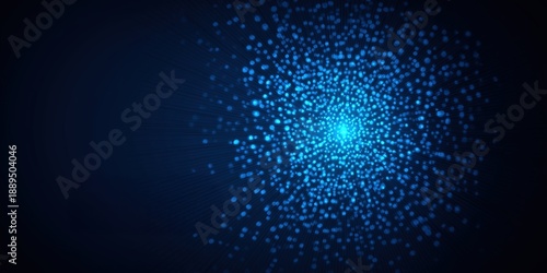 Blue small particles radiating and expanding from a bright central point, forming an abstract technological backdrop
