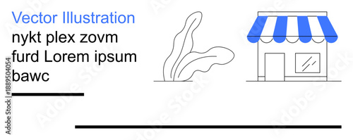 Retail business, small enterprises, urban storefronts, shopping spaces, local economy, community design. Minimal shopfront with striped awning and decorative plant. Retail business and local economy