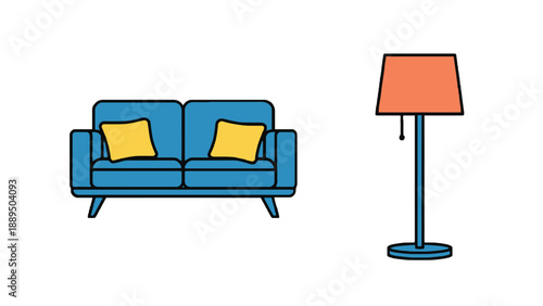 A blue couch with yellow pillows and a floor lamp beside it