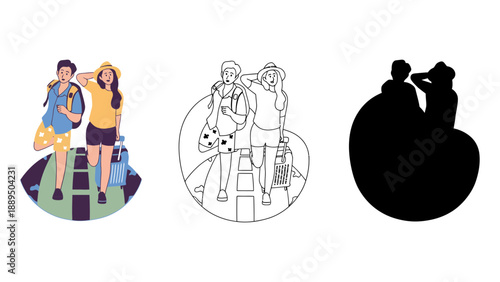 A young couple travels together with luggage in hand happily abroad